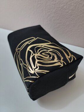 Lancôme Paris Black Canvas Cosmetic Bag with Gold Rose Print